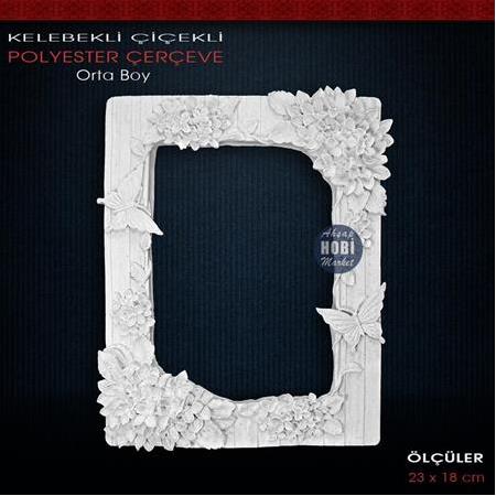 Kelebekli Çiçekli Çerçeve Orta Boy (23X18cm) Ham Polyester
