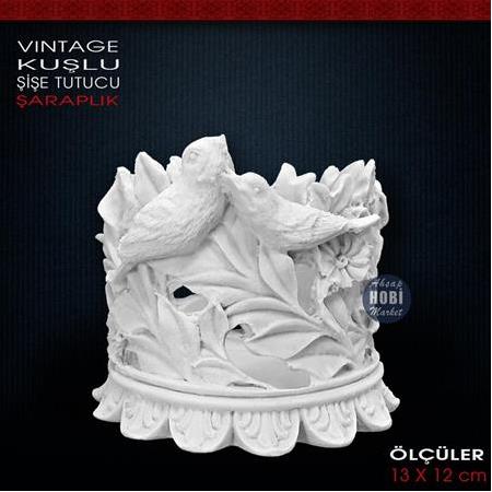 Vintage Kuşlu Şaraplık Şişe Tutucu (13x12 cm) Ham Polyester