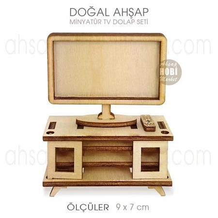 Minyatür TV ve TV Ünitesi (9x7 cm) Doğal Ağaç