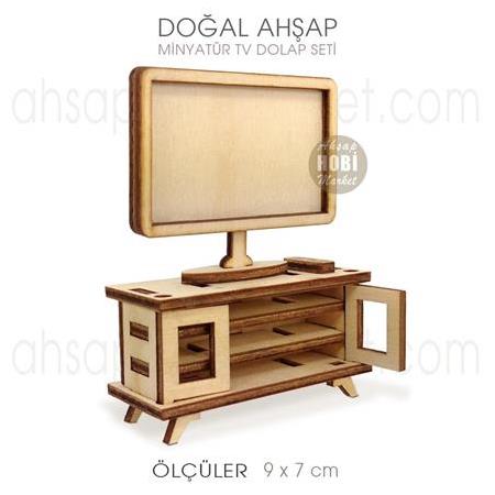 Minyatür TV ve TV Ünitesi (9x7 cm) Doğal Ağaç