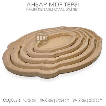 Ahşap Kalın Kenarlı Büyük Oval Tepsi Seti (5 Parça) Ham