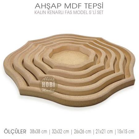 Ahşap Kalın Kenarlı Fas Dizayn Tepsi Seti (5 Parça) Ham