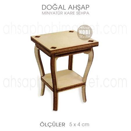 Minyatür Kare Sehpa (5x4 cm) Doğal Ağaç