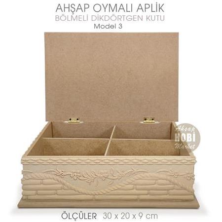 Ahşap Dikdörtgen Oymalı Aplik Bölmeli Kutu (30x20 cm) Model 3