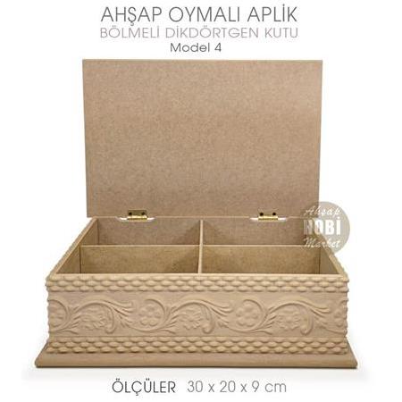 Ahşap Dikdörtgen Oymalı Aplik Bölmeli Kutu (30x20 cm) Model 4