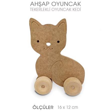 Ahşap Oyuncak Tekerlekli Kedi (16x12 cm)
