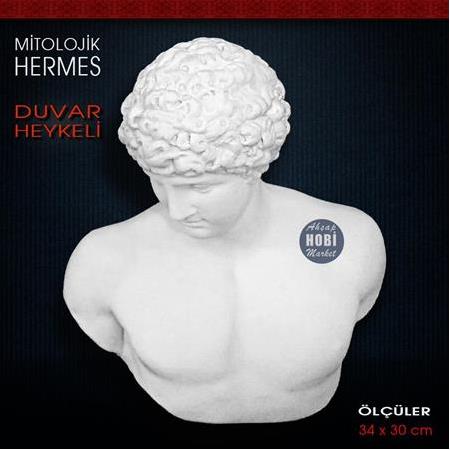 Hermes Büstü Antik Duvar Heykeli (34x30 cm) Ham Polyester