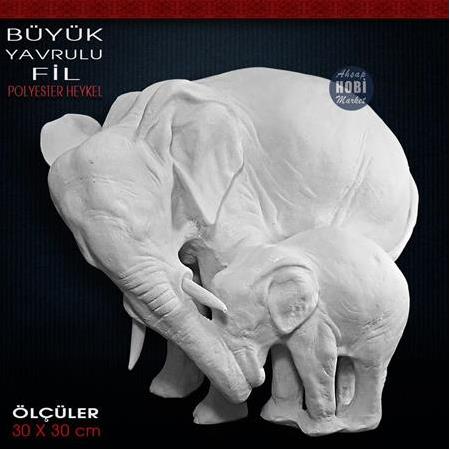 Büyük Yavrulu Fil Heykeli (30x30 cm) Ham Polyester