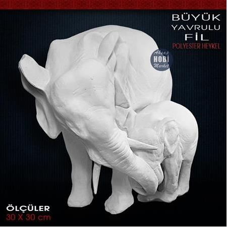 Büyük Yavrulu Fil Heykeli (30x30 cm) Ham Polyester