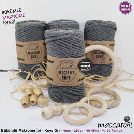Bükümlü Makrome İpi - Koyu Gri - 4mm - 250gr - 45mt