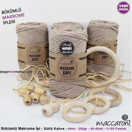 Bükümlü Makrome İpi - Sütlü Kahve Rengi - 4mm - 250gr - 45mt