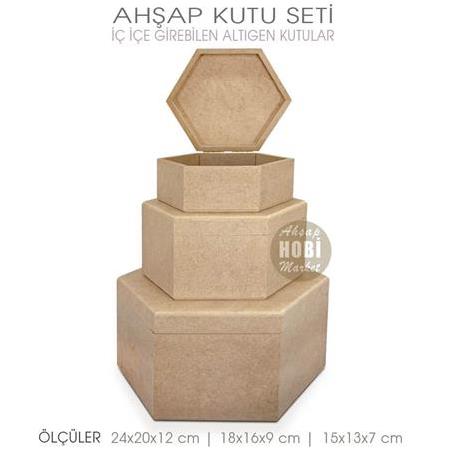 Ahşap Lüks Altıgen Kutu Seti (3 Parça) İç İçe Geçebilir
