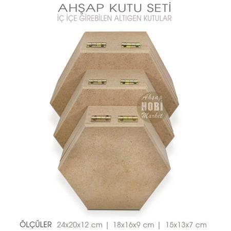 Ahşap Lüks Altıgen Kutu Seti (3 Parça) İç İçe Geçebilir