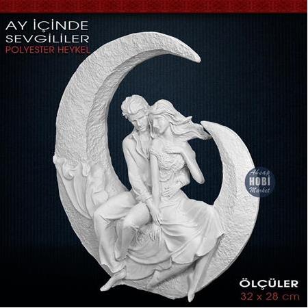 Ay İçerisinde Oturan Sevgililer Heykeli (32x28cm) Ham Polyester