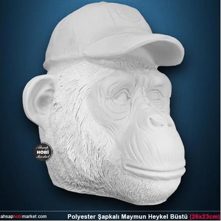 Polyester Şapkalı Maymun Heykel Büstü (26x23cm)