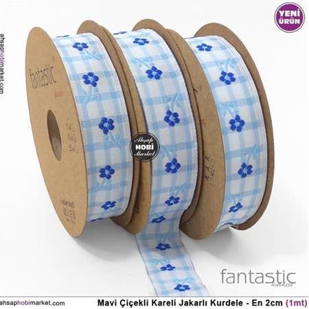 Mavi Çiçekli Kareli Jakarlı Kurdele - En 2cm - 1mt