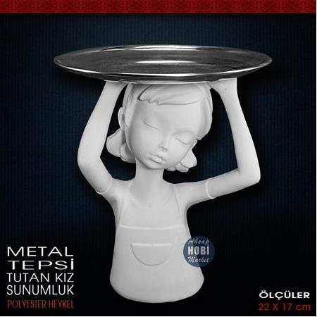 Metal Tepsi Tutan Kız Sunumluk (22x17 cm) Ham Polyester