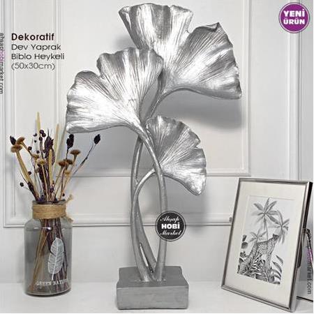 Dekoratif Büyük Yaprak Obje (50x30cm) Parlak Gümüş