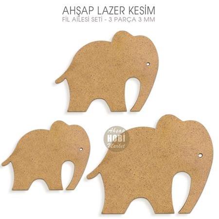 Fil Ailesi Figürleri Seti (3 Parça) Ahşap Lazer Kesim