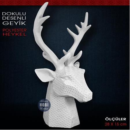 Dokulu Desenli Geyik Büstü Heykeli (28x15 cm) Ham Polyester