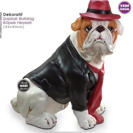 Dekoratif Şapkalı Bulldog Köpek Heykeli (44x40cm)