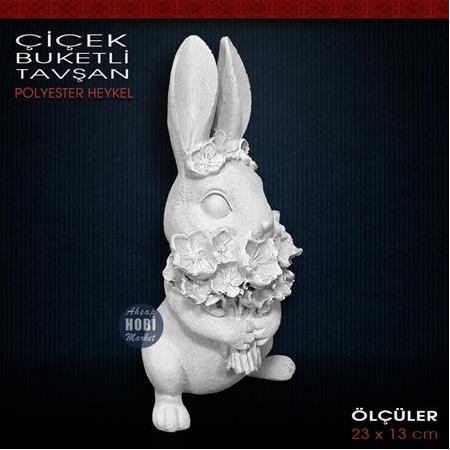 Çiçek Buketli Tavşan Biblo (23x13 cm) Ham Polyester