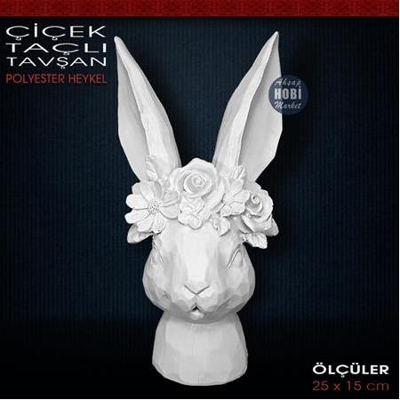 Çiçek Tacli Tavşan Büstü Biblo (25x15cm) Ham Polyester