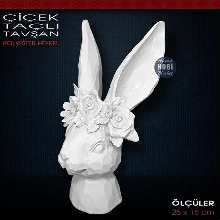 Çiçek Tacli Tavşan Büstü Biblo (25x15cm) Ham Polyester