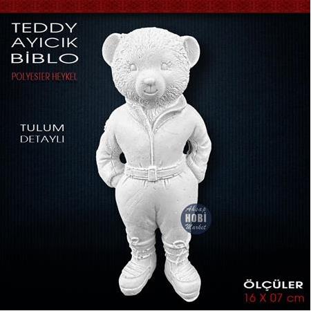 Teddy Ayıcık Biblo Heykel Tulum Detaylı (16x7 cm) Ham Polyester