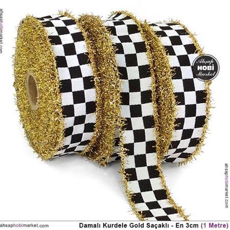 Damalı Kurdele Gold Saçaklı Siyah Beyaz En 3cm - 1 Metre