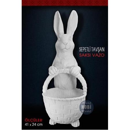 Sepetli Tavşan Saksı Vazo (41x24cm) Ham Polyester