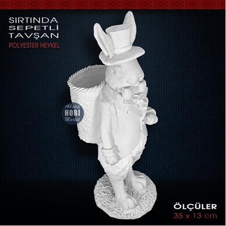 Sırtında Sepetli Tavşan Biblo (35x13cm) Ham Polyester