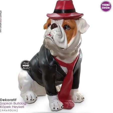 Dekoratif Şapkalı Bulldog Köpek Heykeli (44x40cm)