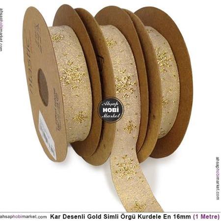 Kar Tanesi Desenli Simli Gold Kurdele En 16mm - 1 Metre