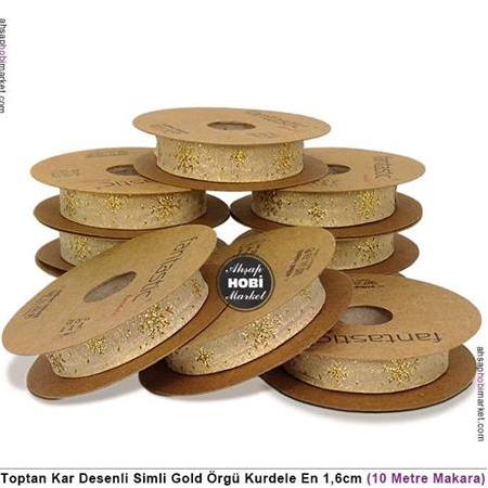 Toptan Kar Tanesi Desenli Simli Gold Kurdele 1,6cm - 10 Metre Makara