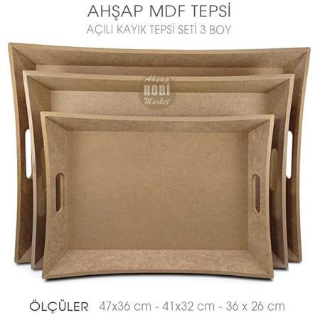 Ahşap Açılı Kayık Tepsi Seti (3 Parça) Ham