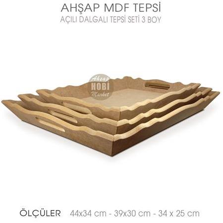 Ahşap Açılı Dalgalı Tepsi Seti (3 Parça) Ham
