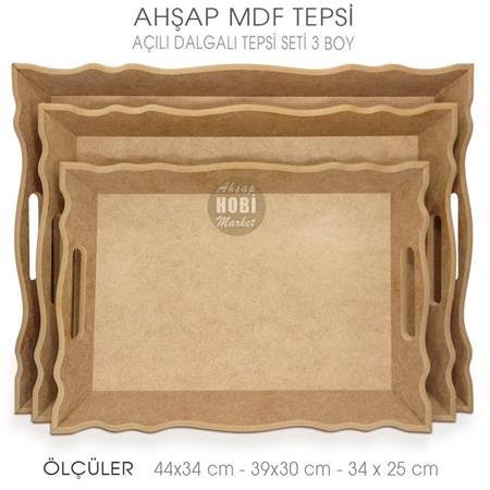 Ahşap Açılı Dalgalı Tepsi Seti (3 Parça) Ham