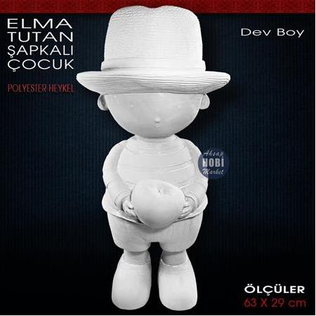 Elma Tutan Şapkalı Çocuk Heykeli Dev Boy (63x29 cm) Ham Polyester