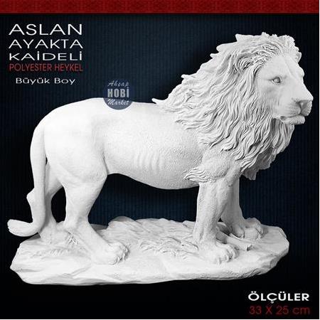 Ayakta Duran Kaideli Aslan Heykeli (33x25 cm) Ham Polyester