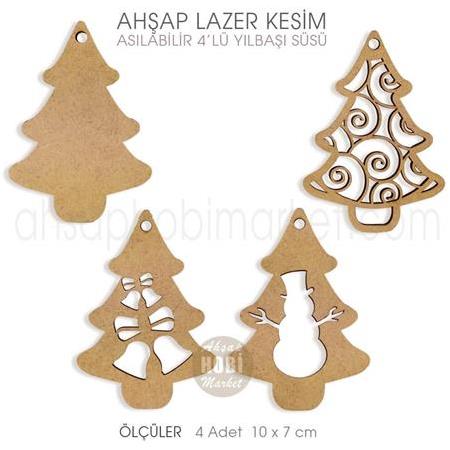 Ahşap Asılabilir 4'lü Yılbaşı Süsü Lazer Kesim Set 2