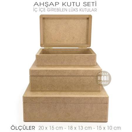 Ahşap Lüks Dikdörtgen Kutu Seti (3 Parça) İç İçe Geçebilir