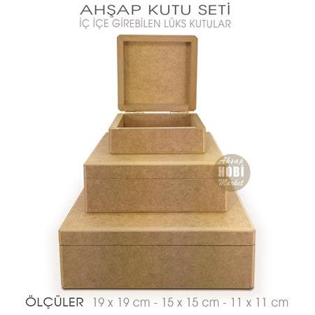 Ahşap Lüks Kare Kutular Seti (3 Parça) İç İçe Geçebilir
