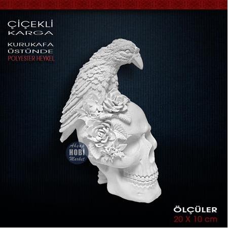 Çiçekli Karga Biblo Kafatası Üzerinde (20x10cm) Ham Polyester