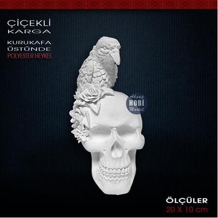 Çiçekli Karga Biblo Kafatası Üzerinde (20x10cm) Ham Polyester