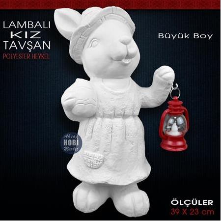 Lambalı Tavşan Kız Heykeli Büyük Boy (39x23 cm) Ham Polyester