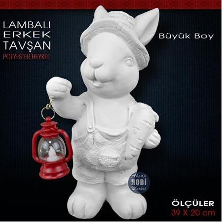 Lambalı Erkek Tavşan Heykeli Büyük Boy (39x20 cm) Ham Polyester