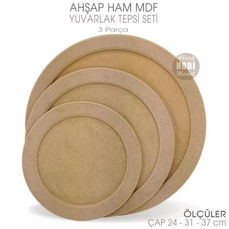 Ahşap Yuvarlak Tepsi Seti (3 Parça) Ham Mdf Kalın