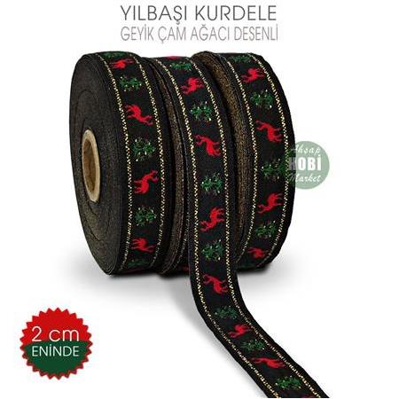 Yılbaşı Kurdele Geyik Çam Ağaçlı Desenli (En 2 cm)