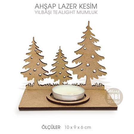 Yılbaşı Çam Ağaçlı Tealight Mumluk (10x9 cm) Ahşap Lazer Kesim